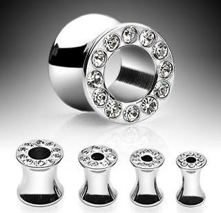Surgical Steel Hollow Saddle Plug with Clear Gems Earlet Expander Flesh Tunnel 2 gauge (PFT043)