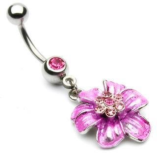 Pink Gem & Pink Flower with Gems Belly Button Navel Ring Bar 14 gauge (3760)