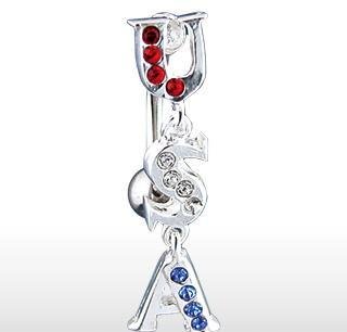 Reverse Dangle Red White & Blue Gem USA Initial Belly Button Navel Ring Bar 14 gauge (502)