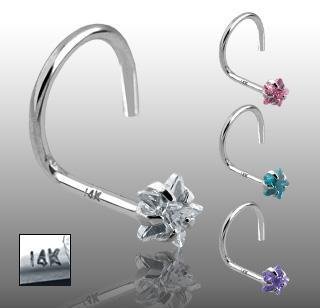 14k White Gold Nose Screw Stud with Aqua Star CZ 20 gauge Ring Bone Spiral (GDWQ05)