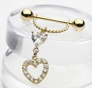 14k Yellow Gold Heart Dangle CZ Nipple Shield Ring Bar Barbell 14 gauge (402)