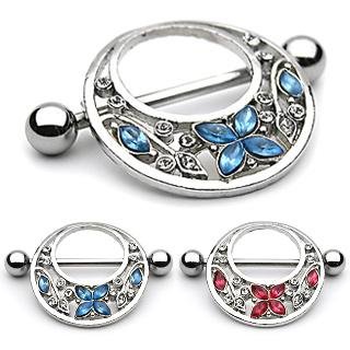 Pink Gem Nipple Shield Ring Bar Barbell with Butterfly 14 gauge (0017)