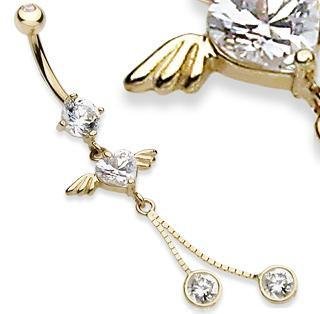 14k Yellow Gold Heart CZ with Wings & Dangles Belly Button Navel Ring Bar 14 gauge (1316)