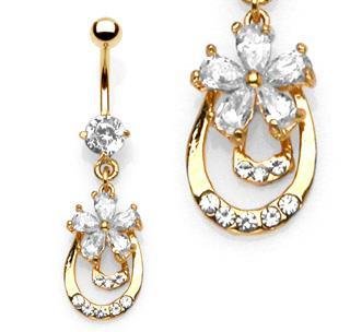 Flower & Double Doorknocker Gold Plated CZ Belly Button Navel Ring Bar 14 gauge (6705)