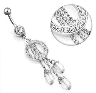 Clear Gem Pave' Circle 3 Bead Dangle Belly Button Navel Ring Bar 14 gauge (0009)