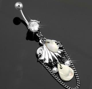 CZ Shell Mother of Pearl Chain Dangle Belly Button Navel Ring Bar 14 gauge (0457)