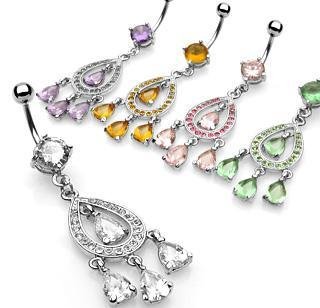 Teardrop Hoop Dangle Chandelier CZ Belly Button Navel Ring Bar 14 gauge Clear (5420)