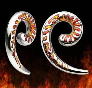 Surgical Steel Spiral Taper Talon with Enamel Flames Earlet Expander 2 gauge (TSP)