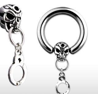 Skull and Handcuff Dangle CBR Captive Bead Nipple Ring Circular Barbell Bar (3774)