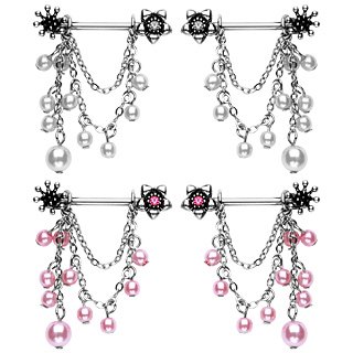 2 Flower & Pink Pearl Dangle Nipple Shields Rings Bars Ring Shield Bar Barbell 14 gauge (0024)