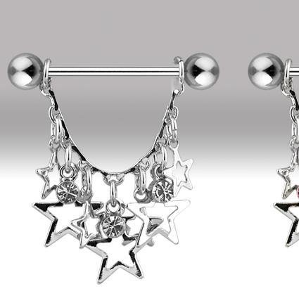 Clear Gem & Star Dangle Nipple Shield Ring Bar Barbell 14 gauge (646)