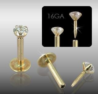 14k Gold Push Monroe Labret 2mm Clear CZ Labrets Monroes Chin Lip Ring 16 gauge (16082)