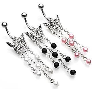 Crown Belly Button Navel Ring Bar with Black Bead Dangles 14 gauge 3/8 (6449)