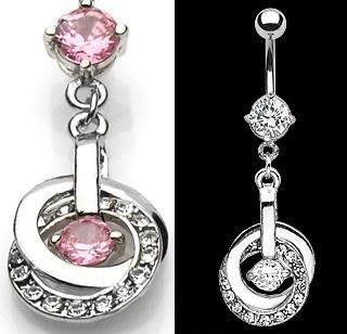 Double Hoop Dangle Belly Button Navel Ring Bar Pink Clear Gem (6339)