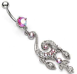 Elegant Swirl Chandelier Belly Button Navel Ring Bar Clear Pink Aurora Borealis Gem Dangle (3722)