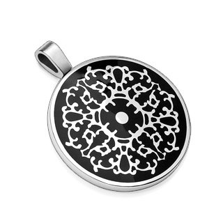 Round Stainless Steel Pendant with Inlay Design on Black Background (7023)