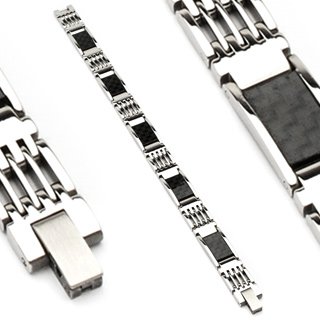 Stainless Steel Black Carbon Fiber Mens Link Bracelet (6626)
