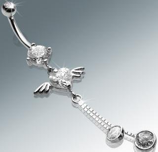 14k White Gold Heart CZ with Wings & Dangles Belly Button Navel Ring Bar (1316)