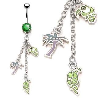 Parrot Toucan Palm Tree Dangle Tropical Enamel Belly Button Navel Ring Bar 14 gauge 3/8 (0732)