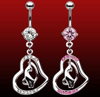 Clear Solitaire Clear Pave' Heart Dangle Kitty Cat Charm Belly Button Navel Ring Bar (6493)