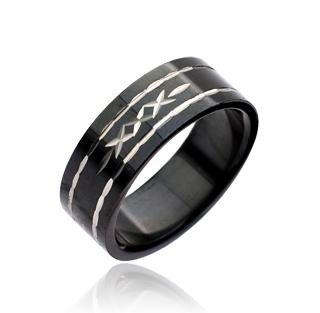 Black Diamond-Cut Unisex Stainless Steel Band Ring Size 11 (7042)