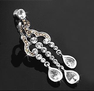 Reverse Dangle Chandelier Navel Belly Button Ring Bar Clear Aurora Borealis Gem (5421)