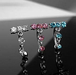 Reverse Dangle 5 Pink Gem 'T' Eyebrow Curve Ring Bar 16 gauge (2066)