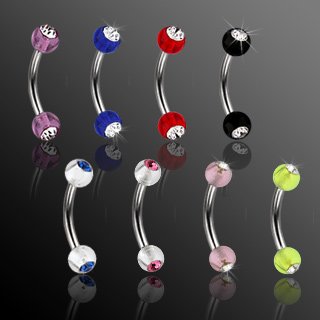 Double Gem Eyebrow Curve Ring Bar 4mm Black UV with Clear Gem Balls 16 Gauge (CA04-1608)