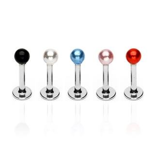 Labret Lip Chin Stud Ring with 4mm Pink Faux Pearl Ball 14 Gauge 3/8 (2522-14-4)