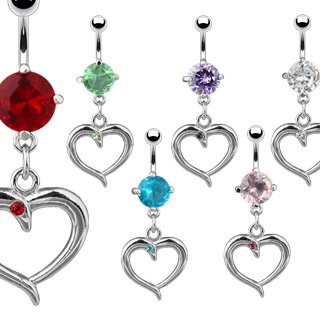 Light Blue CZ Solitaire Heart Dangle with Blue Gem Belly Button Navel Ring 14 gauge 3/8 (2259)