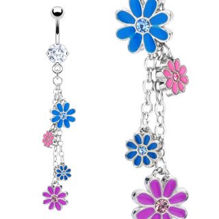 Enamel Flower Dangle Gem Belly Button Navel Ring Bar 14 gauge (0729)