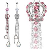 Crown with Chain Gem Line Faux Opal Dangle Belly Button Navel Ring Bar Clear (3625)