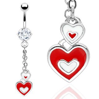 Red White Enamel Heart Dangle Belly Button Navel Ring Bar 14 gauge (0727)
