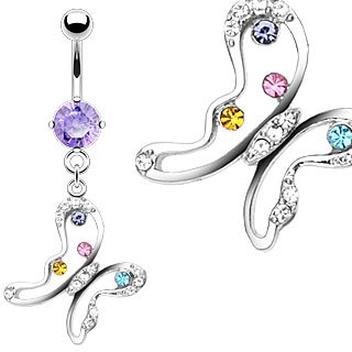 Purple Solitaire with Multicolor Gem Butterfly Dangle Belly Button Navel Ring Bar 14 gauge (4166)