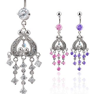 Upside Down Heart Chandelier Navel Belly Button Ring Bar Clear Gem (4752)