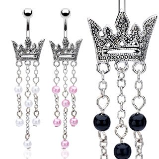Crown Belly Button Navel Ring Bar Pink Faux Pearl Dangle 14 gauge 3/8 (6449)