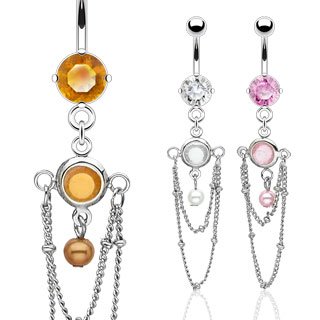 Topaz Gem Faux Pearl Bead Chain Drape Dangle Belly Button Navel Ring Bar (6316)