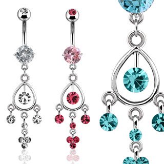 Swarovski Pink Crystal Chandelier Dangle Belly Button Navel Ring Bar with Gem On Top Ball (3718)