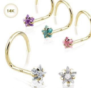 14k Yellow Gold Nose Screw with Pink Star CZ 20 gauge Stud Ring Bone Spiral (GDQ05)