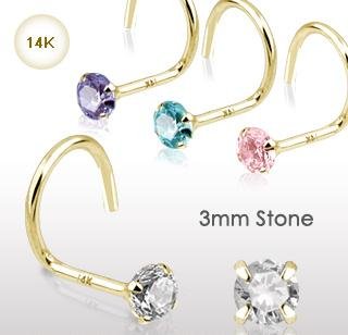 14k Yellow Gold Nose Screw Stud with 3mm Pink CZ 20 gauge Ring Bone Spiral (GDQ04)