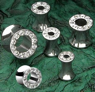 Surgical Steel Hollow Saddle Plug with Clear Gems Earlet Expander Flesh Tunnel 0 gauge (PFT043)