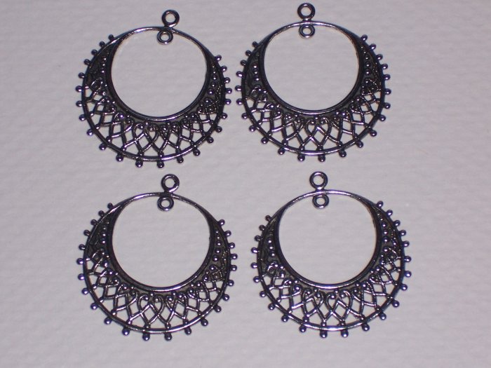 4 Antique Silver over Brass Filigree Hoop Drops for Earrings