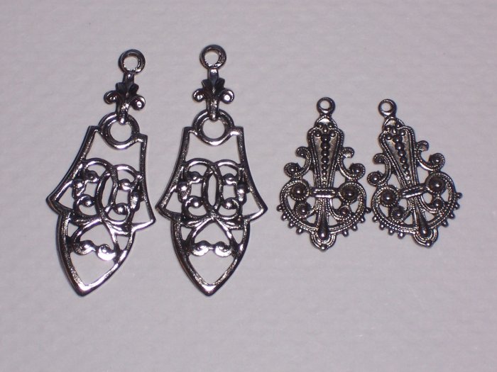 4 Fancy Silver over Brass Ornate Drops for Earrings or Pendants