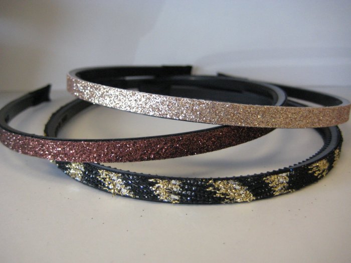 GLITTER HEADBANDS Thin 3-Pack *LIGHT BROWN-DARK BROWN-BLACK AND GOLD MIXED*