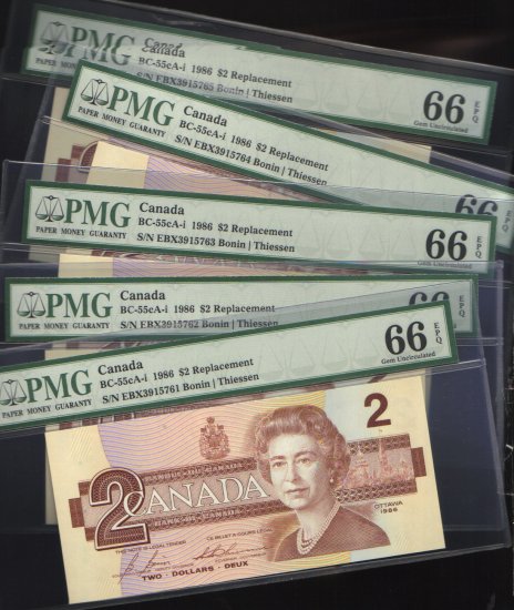 1986 $2 "replacement" EBX 5 consecutive BANK OF CANADA PMG66 gem
