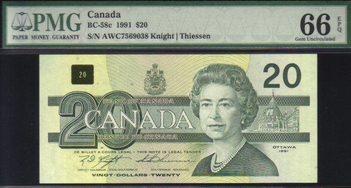 1991 $20 AWC knight /thissen BANK OF CANADA PMG66 gem