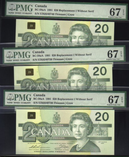 1991 EIX (3 consecutive) $20 "replacement" BANK OF CANADA PMG67 gems