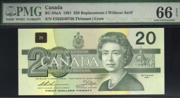 1991 EIX $20 "replacement" BANK OF CANADA PMG66 gem