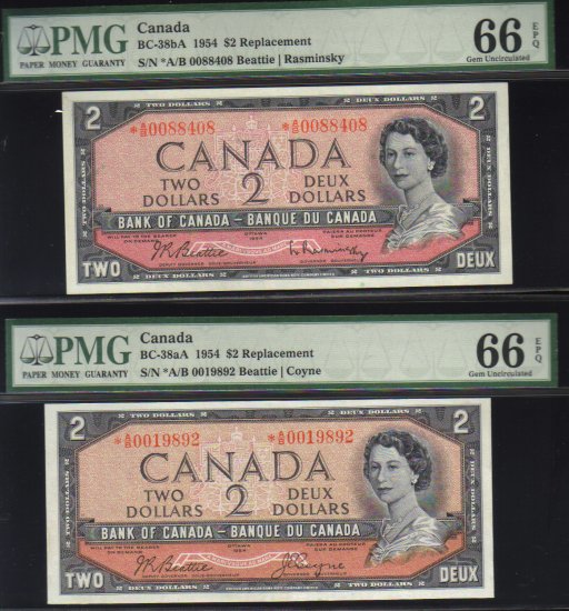 1954 $2 "replacement" *A/B 2 different signatures BANK OF CANADA PMG66 gemS