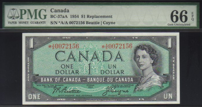 1954 $2 "replacement" *A/A BANK OF CANADA PMG65 gem